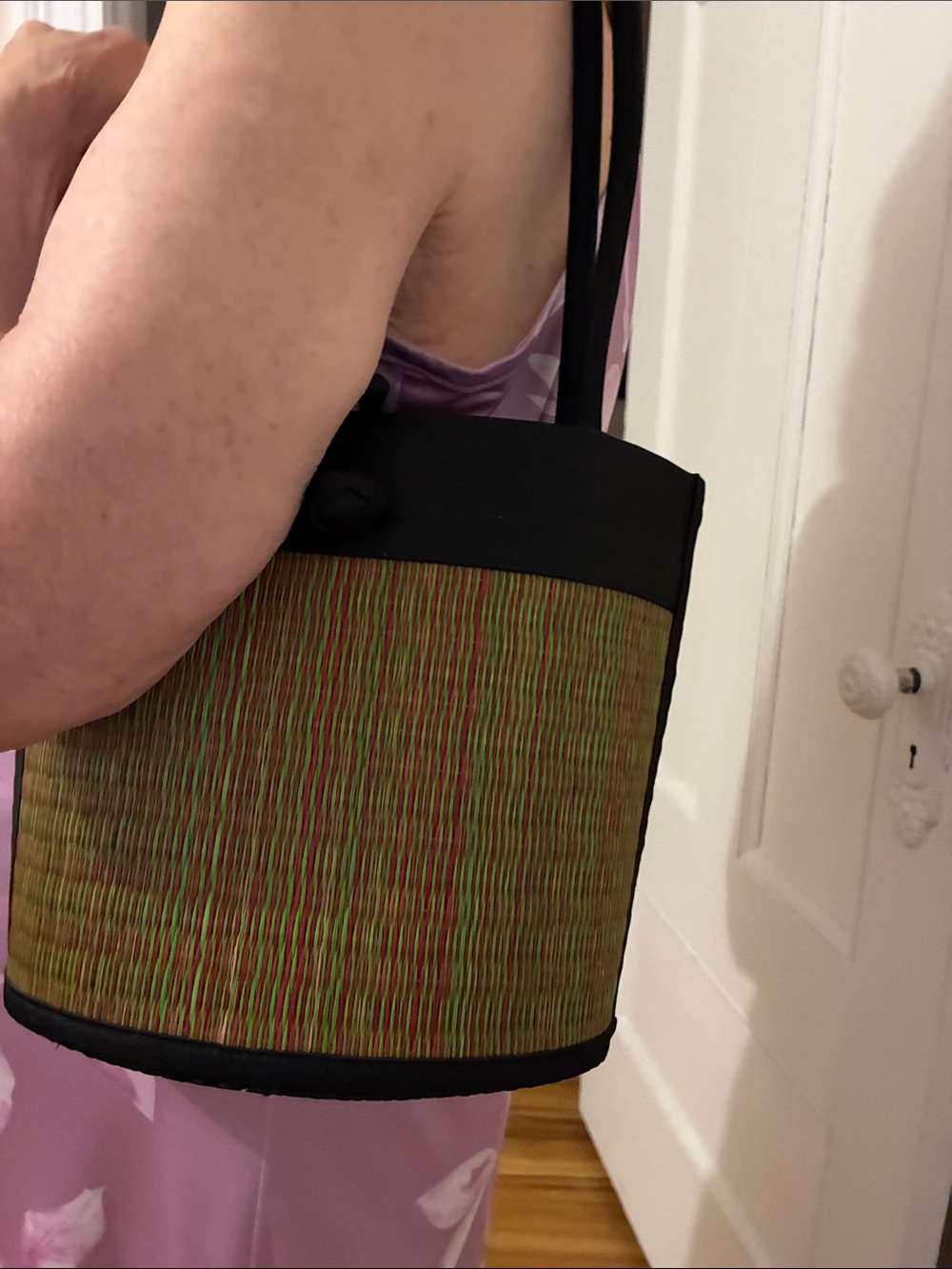 Woven Straw-Effect Bucket Bag with Black Satin Trim